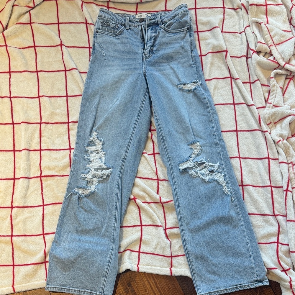 Women's BKE Billie Light Blue Distressed Jeans - high rise, slim fit, wide leg